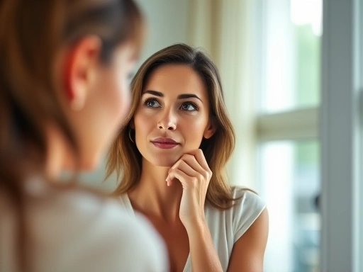 A thoughtful woman looking in a mirror, contemplating changes to her appearance, with soft, natural lighting in a modern room, symbolizing decision-making about plastic surgery and life transformation. Focus on her reflective expression.