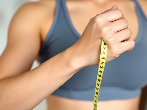 Close-up of a woman's slender wrist, engaged in a gentle exercise, with a measuring tape visible, highlighting the concept of wrist contouring and home exercise tips, focus on detail and healthy lifestyle.