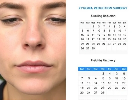 A close-up of a person's face showing gradual swelling reduction over time after zygoma reduction surgery, with a calendar indicating recovery milestones for a guide on post-surgery recovery.