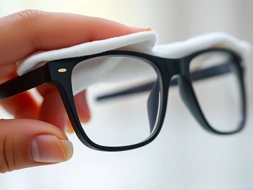 A close-up shot focusing on a pair of glasses being gently wiped with an anti-fog cloth, showing a fine mist or a clean surface effect. The background is softly blurred to keep attention on the glasses and cloth, emphasizing the application process. The image should highlight the ease of use and the immediate result of fog prevention. Bright, clear lighting.