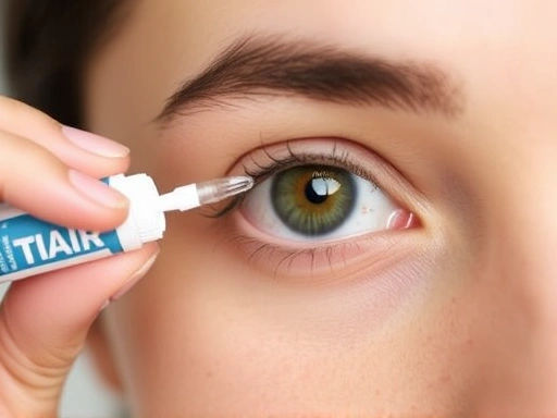 A person gently applying a single drop of artificial tear into their eye, focusing on proper technique for eye health, clear and practical.