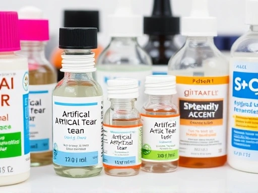 Close-up of various types of artificial tear bottles, some preservative-free single-use vials, some multi-dose bottles, emphasizing variety and care products.
