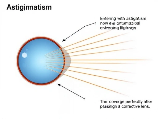 A detailed scientific diagram illustrating astigmatism correction, showing distorted light rays entering an eye with astigmatism, then converging perfectly after passing through a corrective lens, highlighting the eye's anatomy.