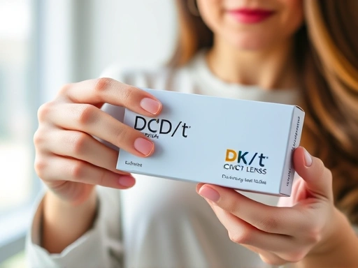 A person holding a contact lens box, pointing to the Dk/t value on the packaging, clear and readable text, in a well-lit, professional setting, showing the practical aspect of checking contact lens specifications and Dk/t value.