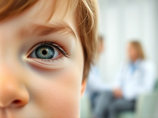 Close-up of a child's eyes showing a subtle eye blinking tic, with a blurred background of a doctor's consultation room, highlighting professional medical guidance for tic disorder.