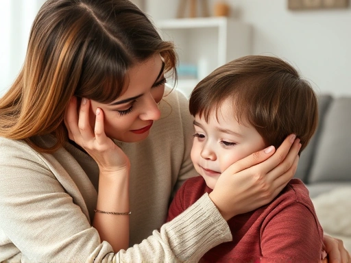 A concerned parent gently comforting a child with frequent eye blinking, emphasizing support and understanding in a warm home environment, relevant to child tic disorder.