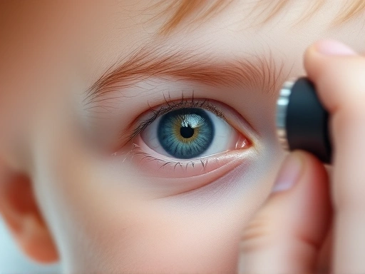 A close-up shot of a child's eye being gently examined by an ophthalmologist, focusing on the careful and professional aspect of eye health check-ups.