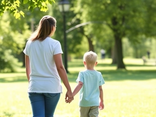 A parent holding a child's hand, looking towards a bright outdoor scene with trees and natural light, emphasizing healthy lifestyle and vision prevention for kids, with a focus on eye care, in a park, natural sunlight.