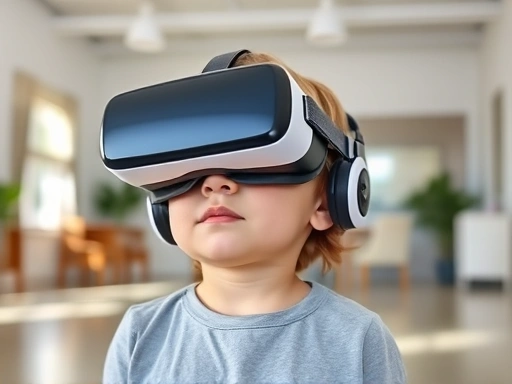 A young child wearing a VR headset in a bright, open room, looking engaged but comfortable, emphasizing a safe and supervised environment.