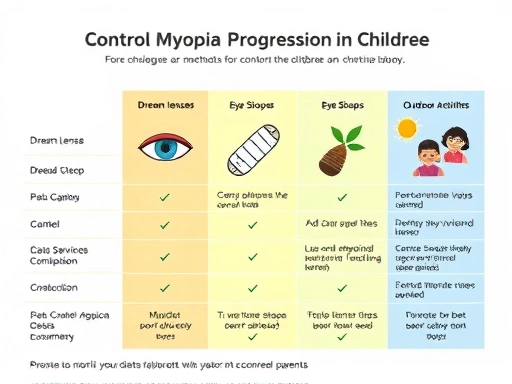A detailed comparison table showing different methods for controlling myopia progression in children, with icons representing dream lenses, eye drops, and outdoor activities, in a bright, clean, educational setting, designed for concerned parents.