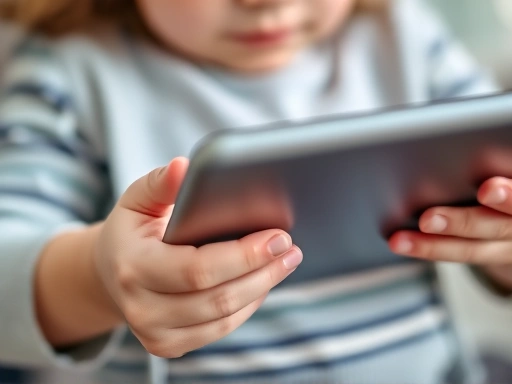 Close-up of a child's hands holding a tablet, with a blurred adult hand gently guiding, illustrating supervised smart device usage and parental involvement. Focus on interaction and safety. 