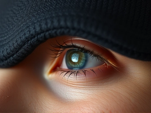 A close-up, detailed shot of a single eye, partially covered by a soft, dark sleep mask, with subtle hints of rejuvenation and relief from eye strain visible around the eye area, focusing on the concept of healing through rest.