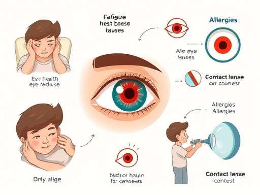 A detailed illustration showing various common causes of eye redness such as fatigue, dryness, allergies, and contact lens issues, with a focus on eye health and daily life context, using warm and inviting colors. Contains SEO keywords: eye redness, fatigue, dryness, allergies, contact lenses.