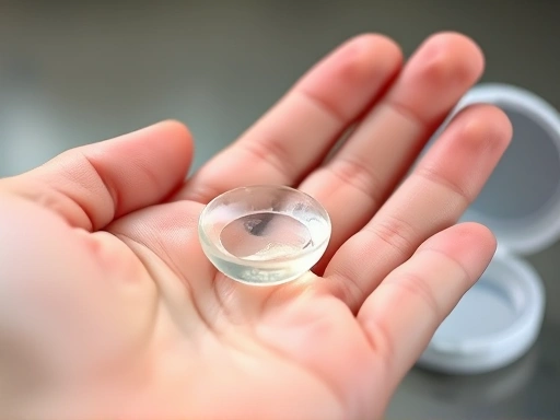 A close-up shot of a hand gently rubbing a soft contact lens in the palm with cleaning solution, representing the 'rub and rinse' method, with a clean lens case in the background, focusing on hygiene and proper care. Keywords: contact lens cleaning, eye health, daily routine.