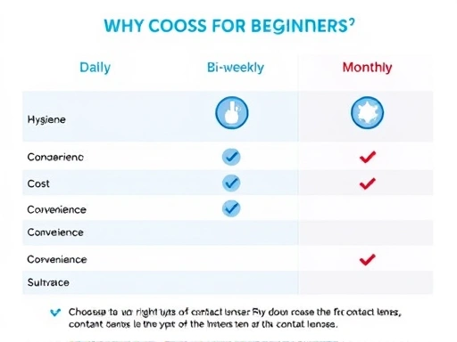 A detailed comparison chart showing three types of contact lenses: daily, bi-weekly, and monthly, with icons representing hygiene, cost, and convenience. Focus on clarity and ease of understanding for choosing the right type of contact lens for beginners.