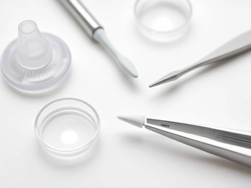 A close-up of various contact lens removal tools, such as a suction cup and soft-tipped tweezers, neatly arranged on a clean, white surface, highlighting safe removal methods and practical accessories.