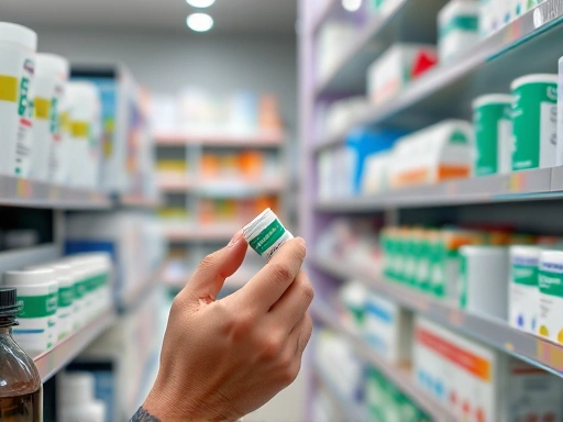 A person carefully inspecting and choosing various contact lens solutions in a brightly lit pharmacy or store, focusing on different packaging and labels, with an emphasis on clarity and variety.