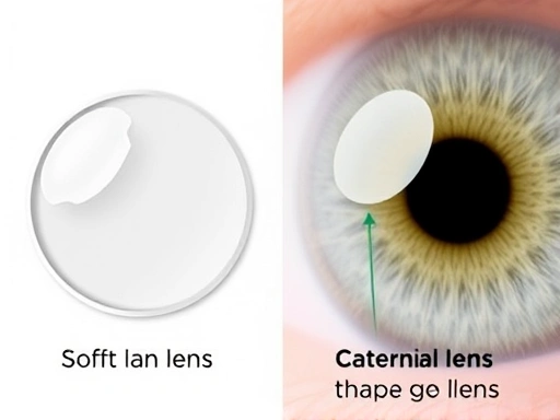 A close-up side-by-side comparison illustrating a soft contact lens and a rigid gas permeable (RGP) hard contact lens, highlighting their distinct shapes and materials, with a focus on their interaction with the corneal surface. Keywords: soft lens, hard lens, cornea, contact lens types, eye health.