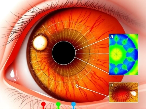 A detailed medical diagram showing Placido rings reflected on a human cornea, with colored maps indicating curvature variations, illustrating the process of corneal topography for eye surgery preparation.