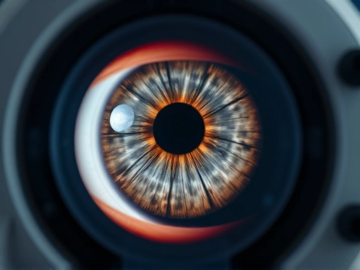 Close-up of an eye being scanned by an advanced ophthalmic diagnostic machine, capturing intricate details of the cornea and lens for personalized vision correction.
