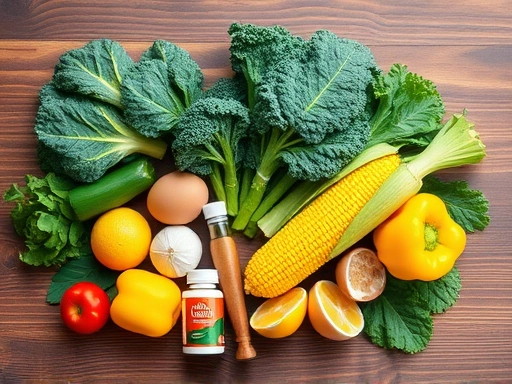 A detailed flat lay of various green leafy vegetables (spinach, kale) and yellow foods (corn, bell peppers, egg yolks) on a wooden table, symbolizing dietary sources for lutein and zeaxanthin, with a small supplement bottle nearby.