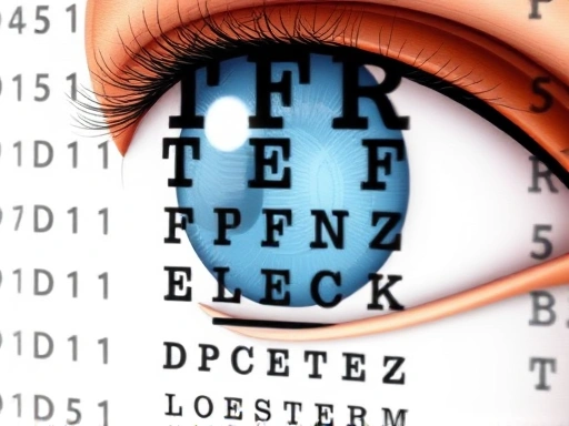 A detailed illustration of an eye chart with slightly blurred or doubled letters, representing the symptom of diplopia, with subtle neural pathways connecting to the brain in the background, conveying causes and types.