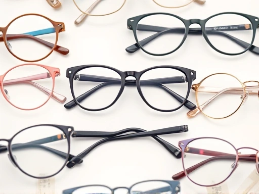 A close-up shot of various eyeglass frames displayed on a clean background, showcasing different shapes like round, square, cat-eye, and oval. Emphasize the textures and materials of the frames, highlighting the diverse range available for different face shapes. Bright, professional studio lighting.