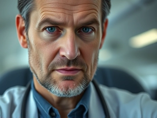 A close-up shot of a doctor with a serious but reassuring expression, explaining potential flight risks and necessary precautions to a patient after surgery, emphasizing detailed medical advice.