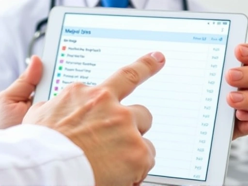 Close-up view of a doctor's hand pointing at a patient's medication list on a tablet screen, highlighting specific drugs, signifying a thorough review of potential risks and interactions before surgery.