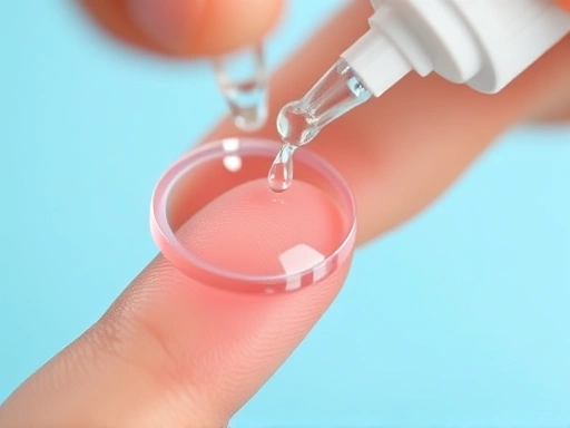 A close-up shot of a dream lens (orthokeratology lens) being carefully cleaned on a fingertip with cleaning solution drops, emphasizing hygiene and maintenance of vision correction lenses.