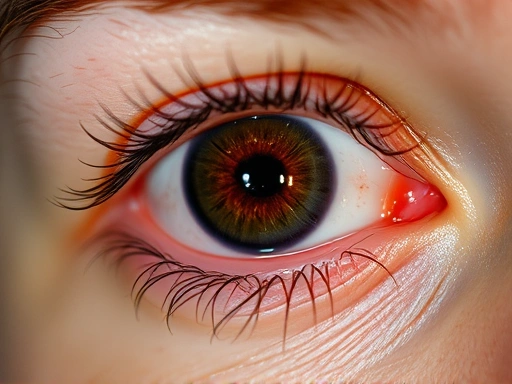 Close-up of a person's slightly red, irritated eye, with subtle reflections of bright, flickering light and tiny dust particles visible on the eyelashes, conveying discomfort.