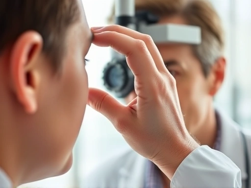 Close-up of an ophthalmologist's hand gently guiding a patient's head during an eye examination, with a focus on trust and professional care. Bright, clean medical setting. eye examination, eye health, ophthalmologist.