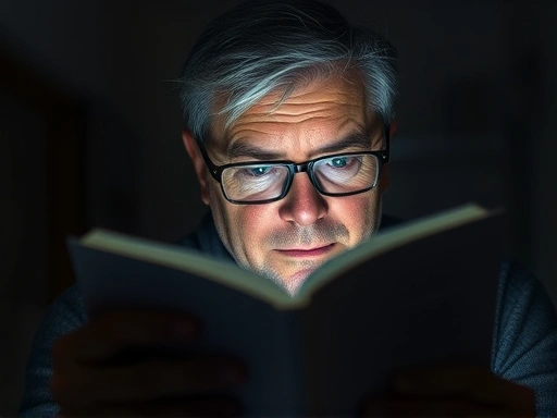A 40-something person struggling to read small text in a dimly lit room, symbolizing the onset of presbyopia, with glasses slightly blurred, focusing on their eyes and the book. Natural, soft light. eye aging, presbyopia, reading difficulty.