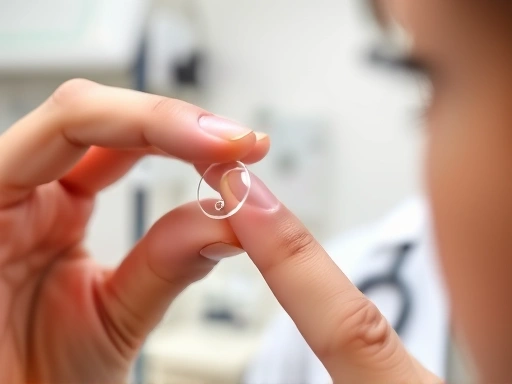 Close-up image of a person carefully inserting a contact lens, with a blurred background showing an ophthalmologist's office. Emphasize eye hygiene, clean hands, and the importance of professional guidance. Include elements of eye health and vision care.