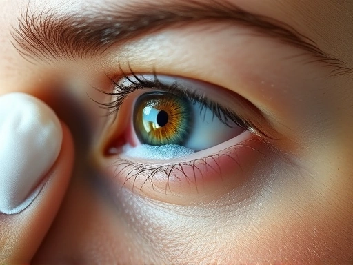A close-up of a person's eye with a cool compress, showing delicate eye area and refreshing sensation, highlighting precise application and relief.