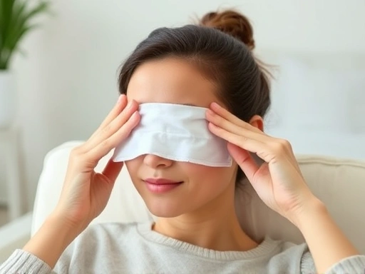 A person gently applying a warm compress to their eyes, looking relaxed and comfortable, in a clean, soft environment, focusing on self-care and eye health.