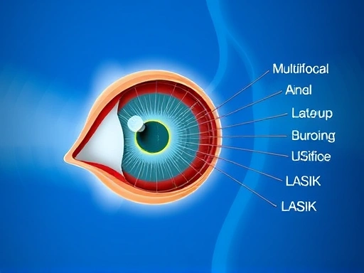 A detailed diagram illustrating the eye with different focal points for presbyopia correction, showcasing the mechanics of multifocal or monovision LASIK, on a medical blue background.