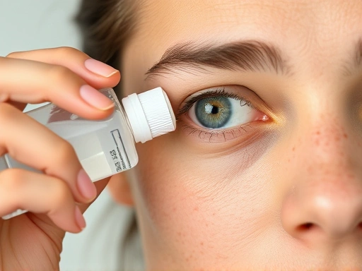 A person gently rinsing their eye with a bottle of saline solution, clear and calm expression, focus on the eye area, safety, emergency first aid, realistic.