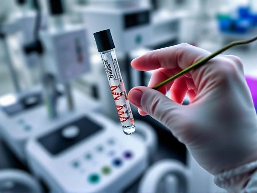 A highly detailed shot of a genetics lab, focusing on DNA sequencing equipment and a hand holding a test tube with a DNA sample, representing the process of Avellino Corneal Dystrophy genetic testing for LASIK safety. The focus should be on scientific accuracy and sterile environment.