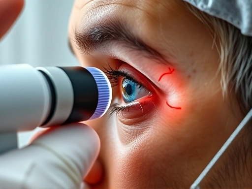 A close-up of a doctor examining a patient's eye with a specialized medical instrument, highlighting professional medical consultation for eye health and the importance of expert diagnosis for severe eye pain. The focus is on the precision of the examination.