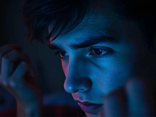 A close-up shot of a person looking at a digital screen in a dimly lit room, showing eye strain and fatigue, with a subtle blue light glow. Focus on the eyes and the screen, illustrating the negative impact of prolonged device use on eye health.