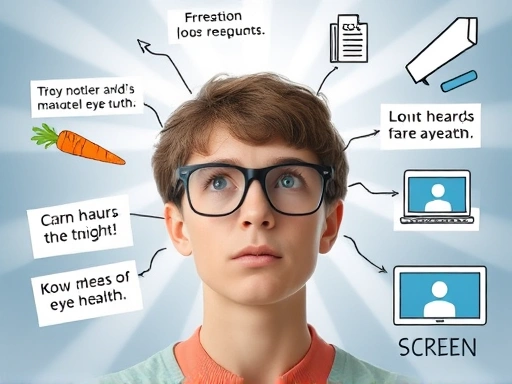 A visually engaging scene of a person dispelling common misconceptions about eye health, with light rays representing clarity and truth, incorporating elements of debunked myths like carrots and screens, focus on a clear, confident expression.