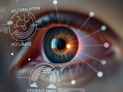 A close-up shot of an eye with a subtle glow, surrounded by scientific symbols and accurate information graphics, contrasting with blurred, incorrect notions in the background, emphasizing precision and informed care.