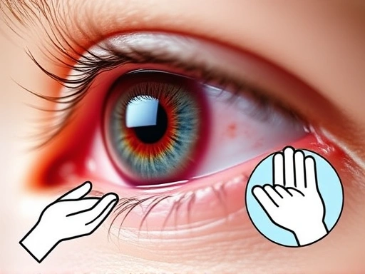 A close-up, sterile image of an eye affected by viral conjunctivitis, showing redness and watery discharge, alongside symbolic representations of hand hygiene, highlighting the importance of prevention and non-contagion for healthy eyes.