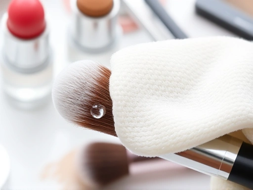 Detailed shot of a clean eye makeup brush being gently wiped, showing the texture of bristles and sparkling cleanliness, with a subtle backdrop of other well-organized beauty tools.