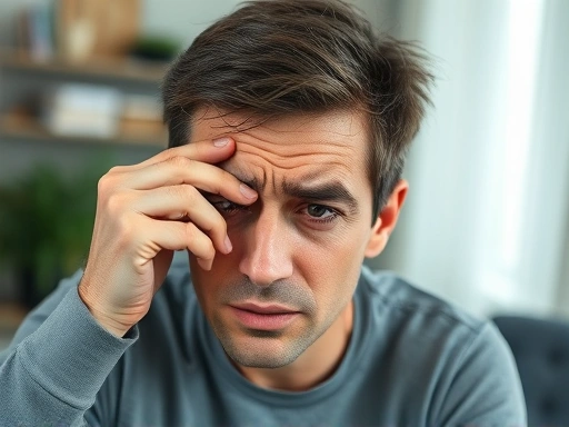 A person clutching their eye in pain, with blurred vision around them, indicating severe discomfort and urgency, emphasizing eye pain danger signs and when to seek medical help. The setting is indoors, possibly a home or office, with a sense of unease.