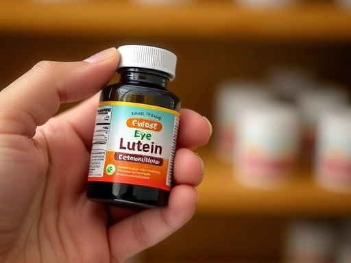 A detailed shot of a person's hand holding a small bottle of eye supplements, with a clear label showing ingredients like lutein and zeaxanthin, suggesting careful selection. The background is slightly blurred, focusing on the product and the act of choosing.