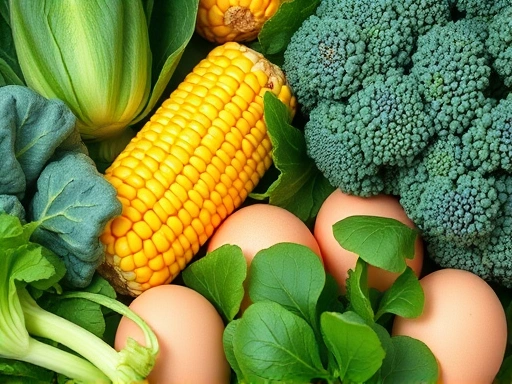 A vibrant close-up shot of a variety of fresh green leafy vegetables like kale, spinach, and broccoli, alongside corn and eggs, emphasizing natural sources of lutein and zeaxanthin in a healthy diet. Focus on rich colors and freshness.