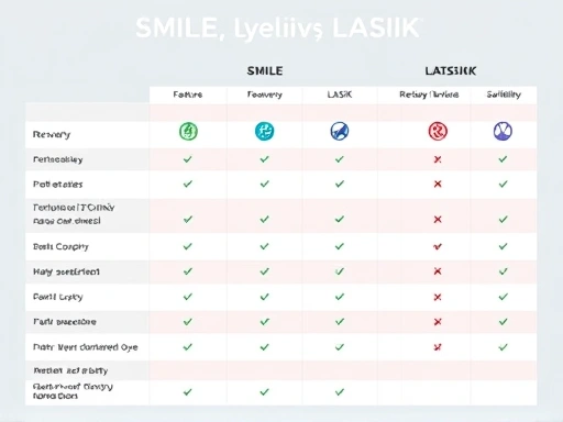 A detailed comparison chart showing the differences between SMILE, LASIK, and LASIK eye surgeries, with icons for features, recovery, and suitability, in a modern, clean design, featuring clear distinctions between the three procedures.