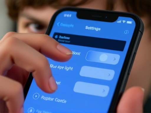 Close-up of a hand adjusting blue light filter settings on a smartphone screen, with a blurry background of a person's eyes, illustrating digital eye care and personal device management for eye health.